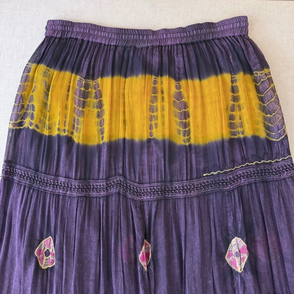 Boho Purple Yellow Tie Dye Embroidered Tiered Maxi‎ Skirt One Size Rayon